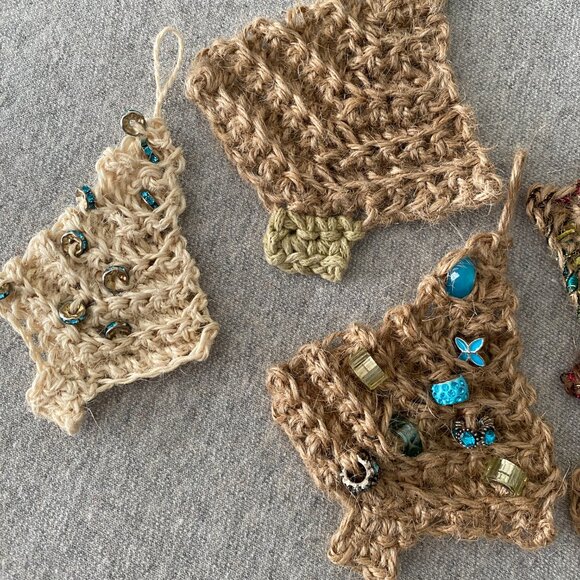 Handmade Crochet Cream Tan Jute Christmas Tree Hanging Decorations Set of 5 - Picture 3 of 9